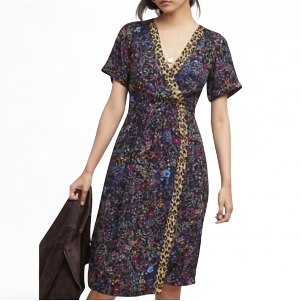 Anthropologie Maeve black & leopard print floral button-down midi dress - EUC - Picture 2 of 9